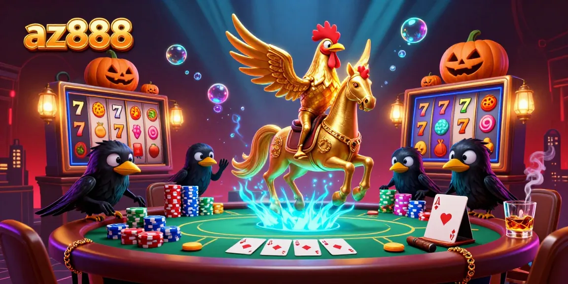 Play thrilling slots at az888 with a cartoon golden rooster and casino-filled night.