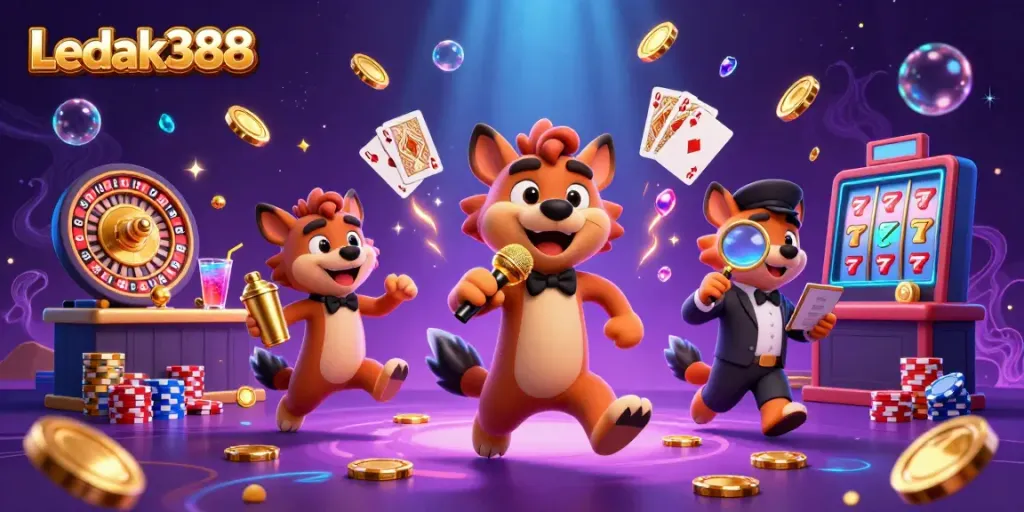 Join the fun at Ledak388, where hyenas run a comedy casino with golden coins and vibrant games!