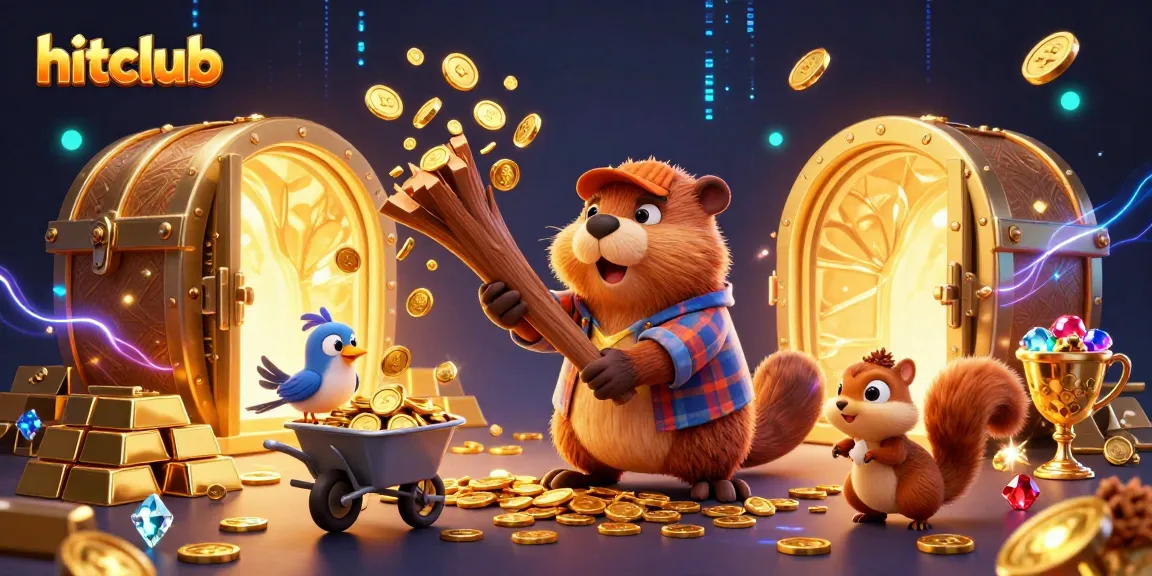 Experience hitclub excitement with a vibrant scene of cartoon characters amid golden treasures and casino elements.