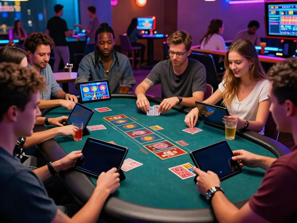 Excited group playing card games at casinos that take credit cards in a modern online casino.